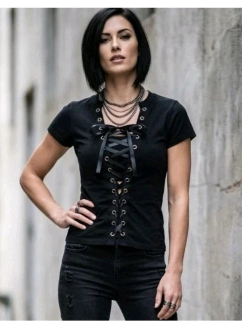 Demi Loon Corset Babydoll Black Top Biker Gothic Shirt Satin Tie Gold Grommets S